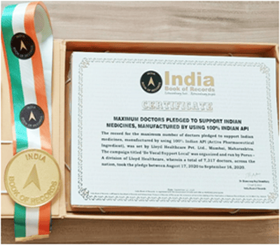 Successfully Created India Book of Record under the category Maximum Doctors Pledged to Support Indian Medicines manufactured by using Indian APIs